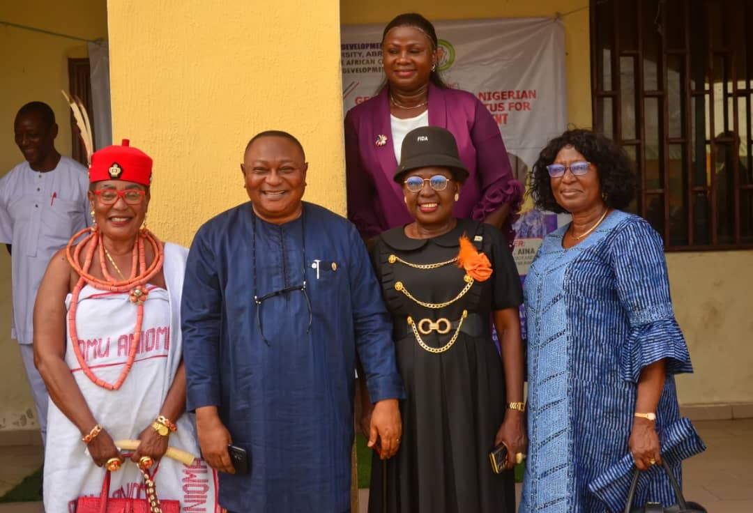 L-R: Omu Anioma, Obi Martha Dunkwu, DELSU V-C, Prof. Andy Egwunyenga, Delta State Commissioner for Women Affairs, Hon. Princess Pat Ajudua, Keynote presenter, Prof. Olabisi Aina and Prof. Ufuoma Awhefeada at a two-day maiden conference for Gender Dir