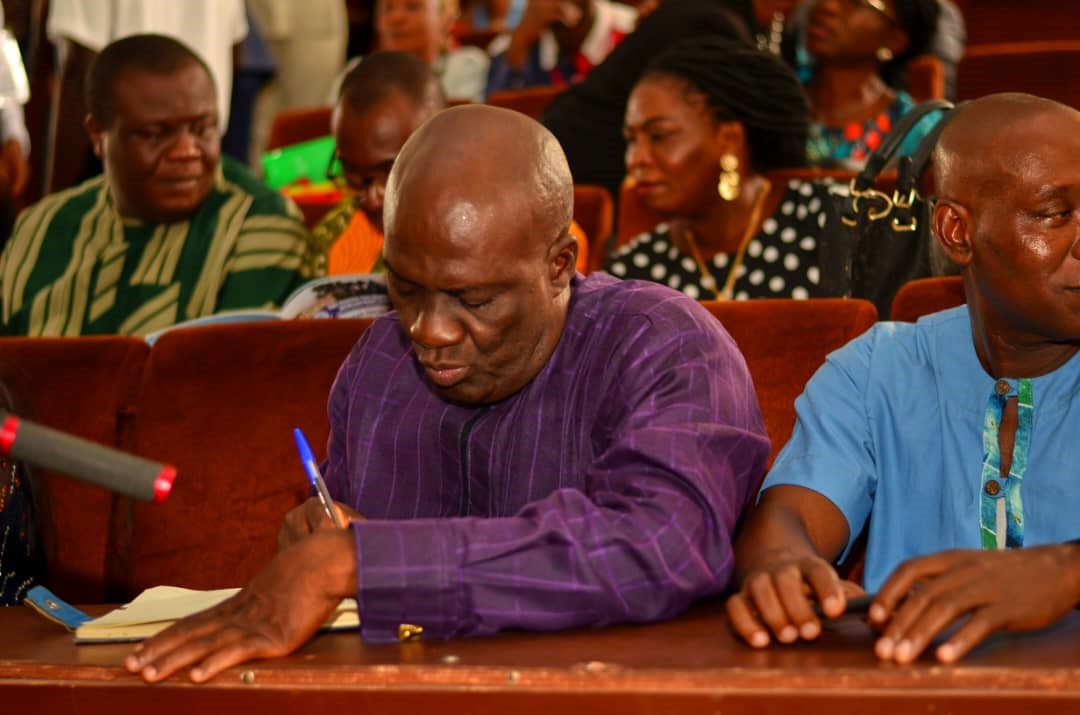 Immediate past Director of the Centre for Ceremonials, Information and Public Relations, Prof. Ben Nwanne taking notes at a two-day maiden conference for Gender Directors in Nigerian Universities held in Abraka, Delta State from November 20th to 23rd